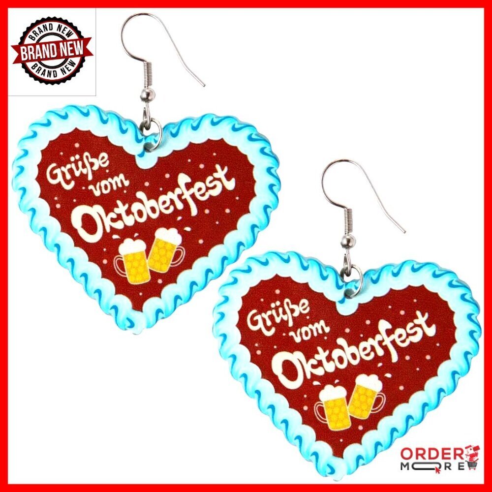 Oktoberfest Drop Earrings with Pretzel Gingerbread Beer Barrel Flag Charms